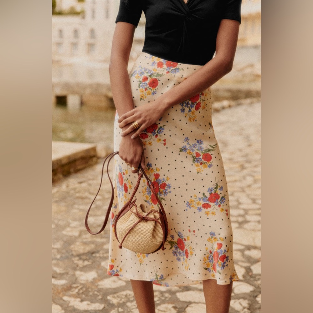 Sezane Midi Skirt - Peach Floral Polka Dot Size 44  - NWT